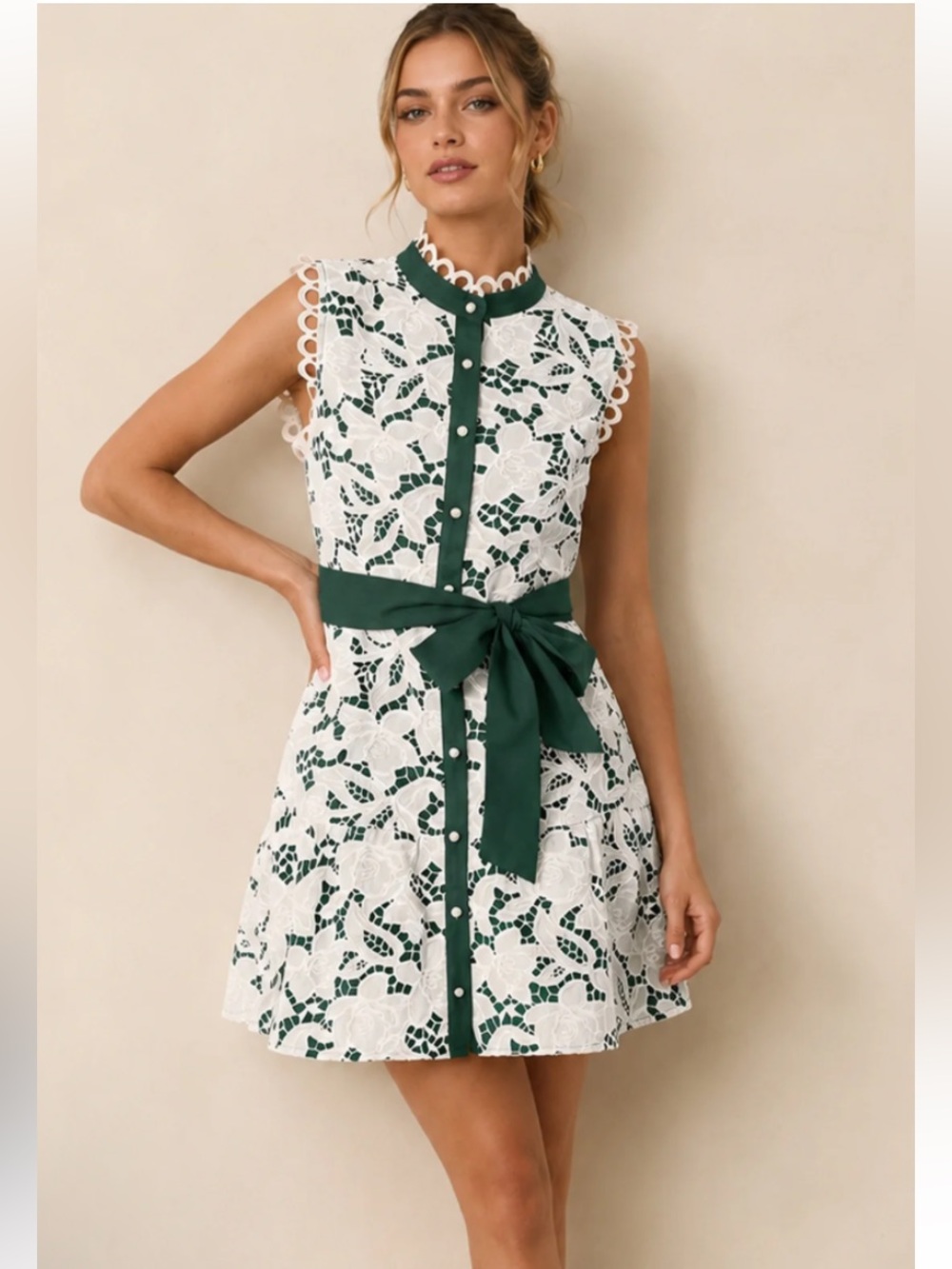 Commense Lace Stand Collar Belted Sleeveless Mini Dress Size Large NWT